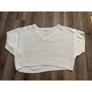 Mystree Sweater Womens Size Small Cream V-Neck Knit Cropped Ribbed Trim